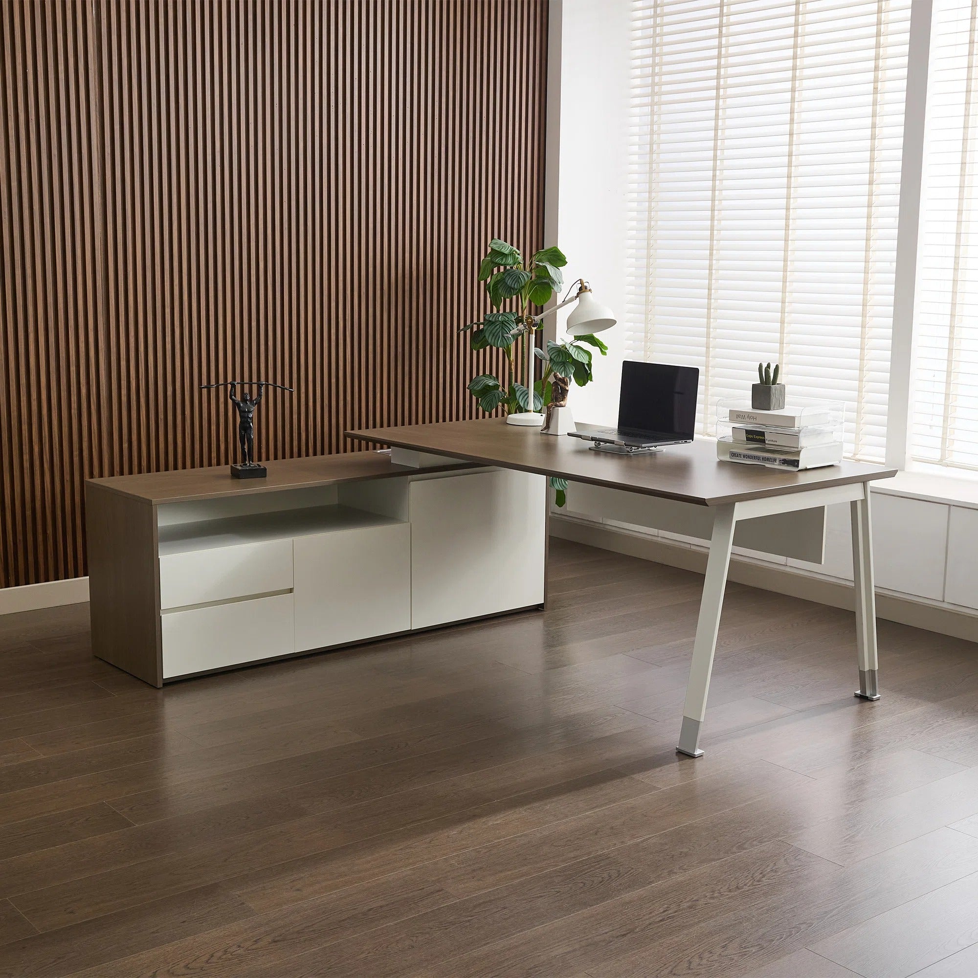 Okeysen L-Shaped Executive Desk with Ample Storage, Modern Large Office Desk with Filing Cabinet & Drawers
