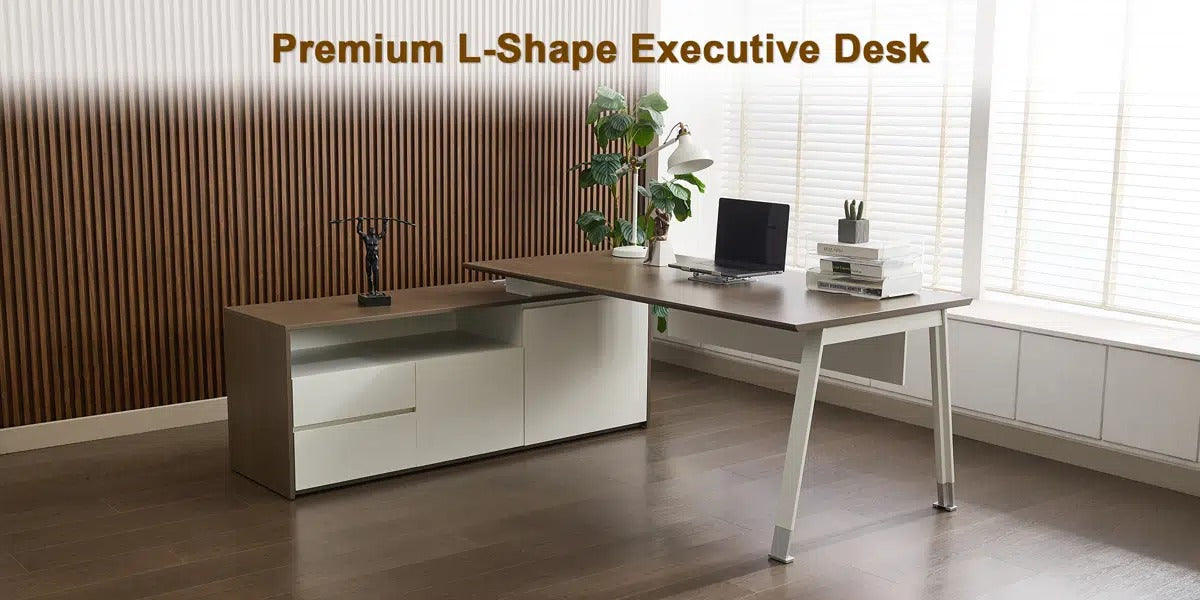 Okeysen L-Shaped Executive Desk with Ample Storage, Modern Large Office Desk with Filing Cabinet & Drawers