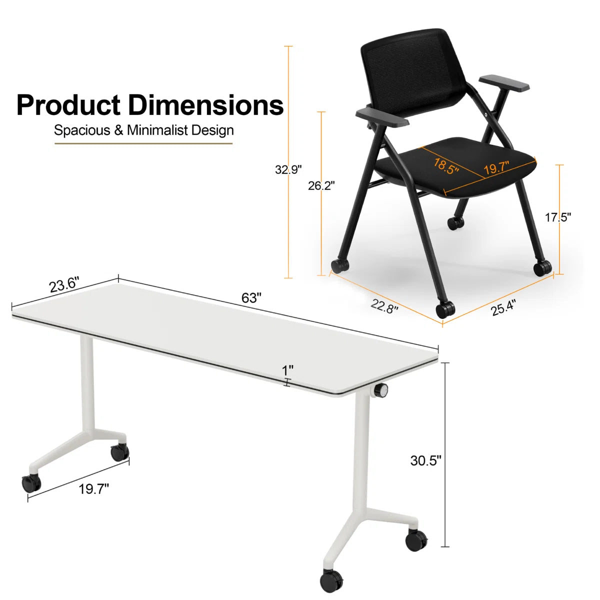 Niaja 3 Pcs Training Room Table Set 1 Flip-Top Table & 2 BIFMA-Certified Training Chairs