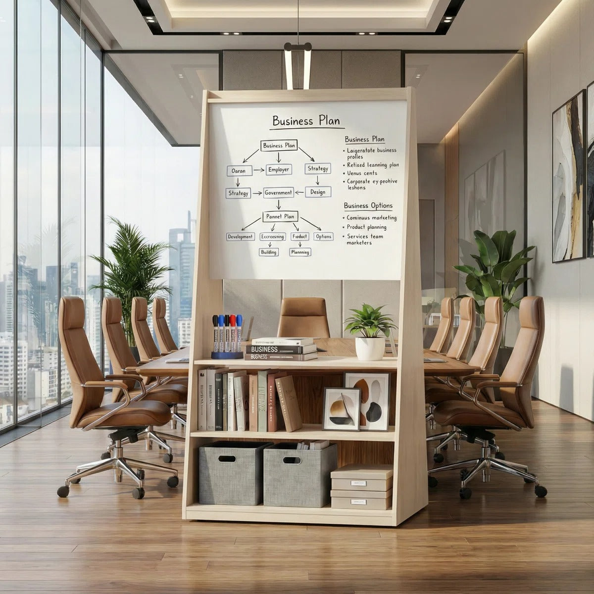 Okeysen 75.2" Triangular Mobile Double-Sided Whiteboard & Bulletin Board with 3 Shelves