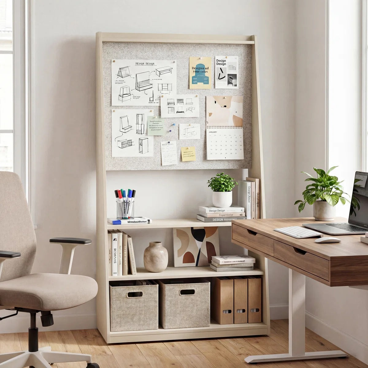 Okeysen 75.2" Triangular Mobile Double-Sided Whiteboard & Bulletin Board with 3 Shelves