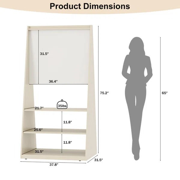 Okeysen 75.2" Triangular Mobile Double-Sided Whiteboard & Bulletin Board with 3 Shelves