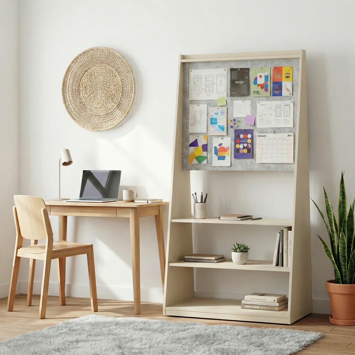 Okeysen 75.2" Triangular Mobile Double-Sided Whiteboard & Bulletin Board with 3 Shelves