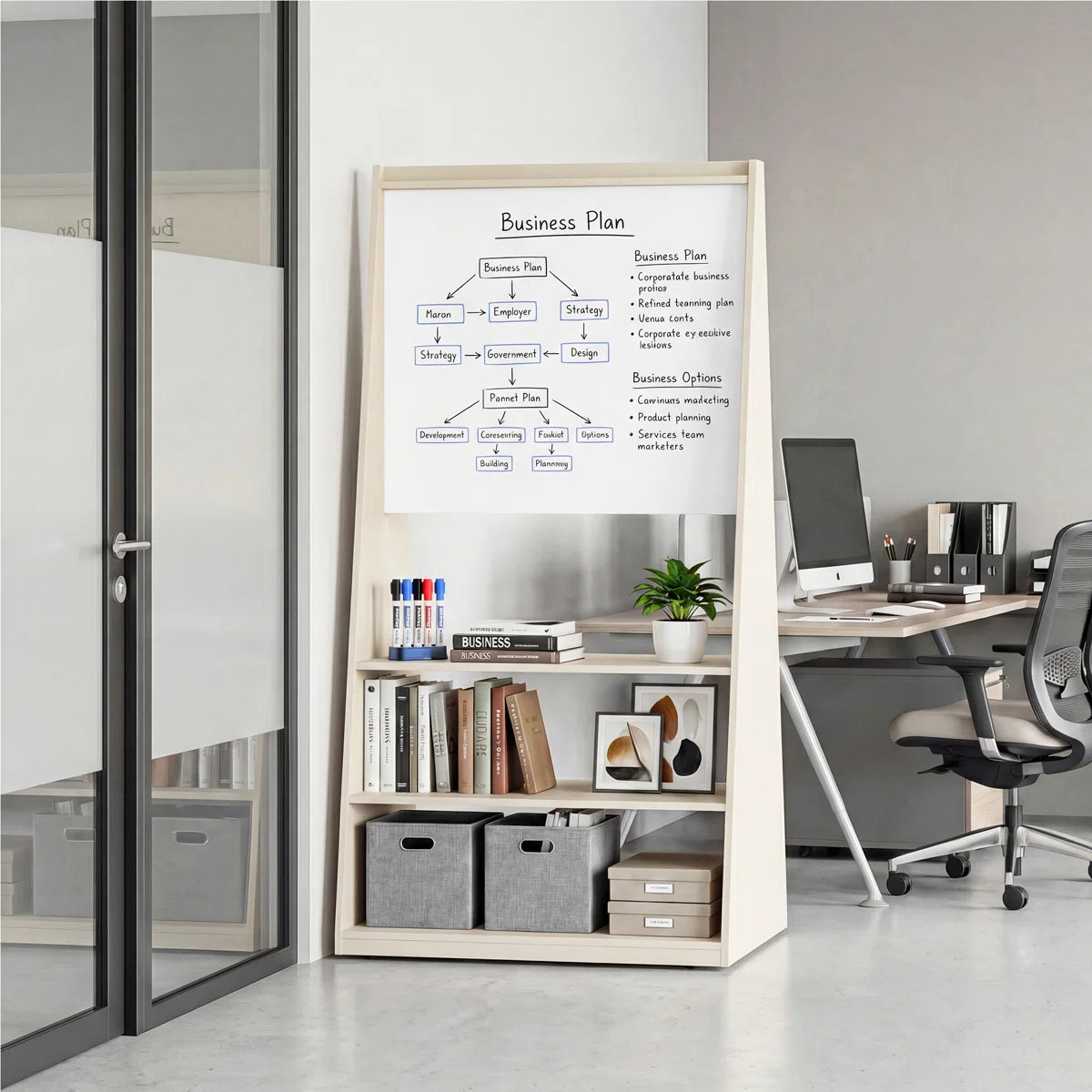 Okeysen 75.2" Triangular Mobile Double-Sided Whiteboard & Bulletin Board with 3 Shelves