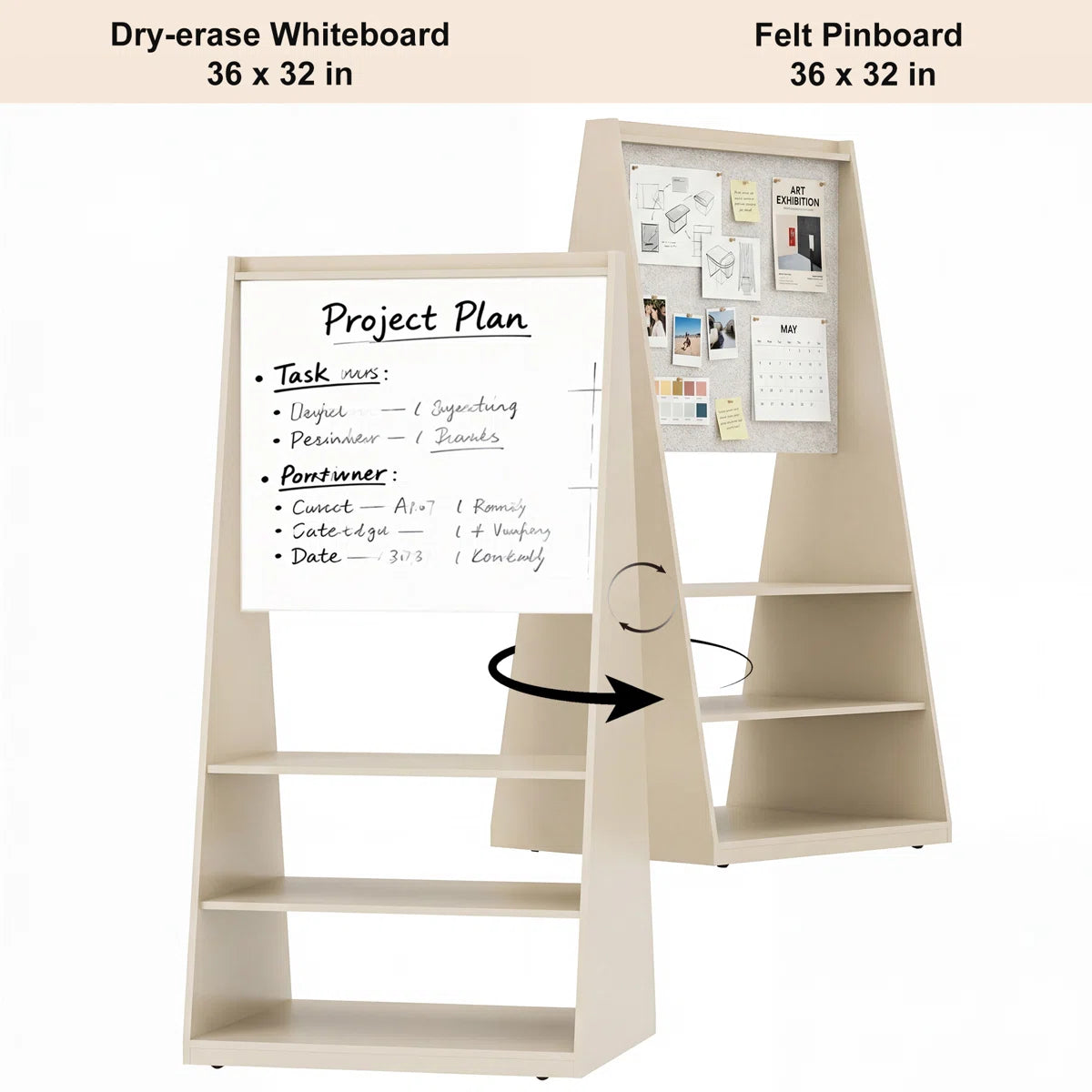 Okeysen 75.2" Triangular Mobile Double-Sided Whiteboard & Bulletin Board with 3 Shelves