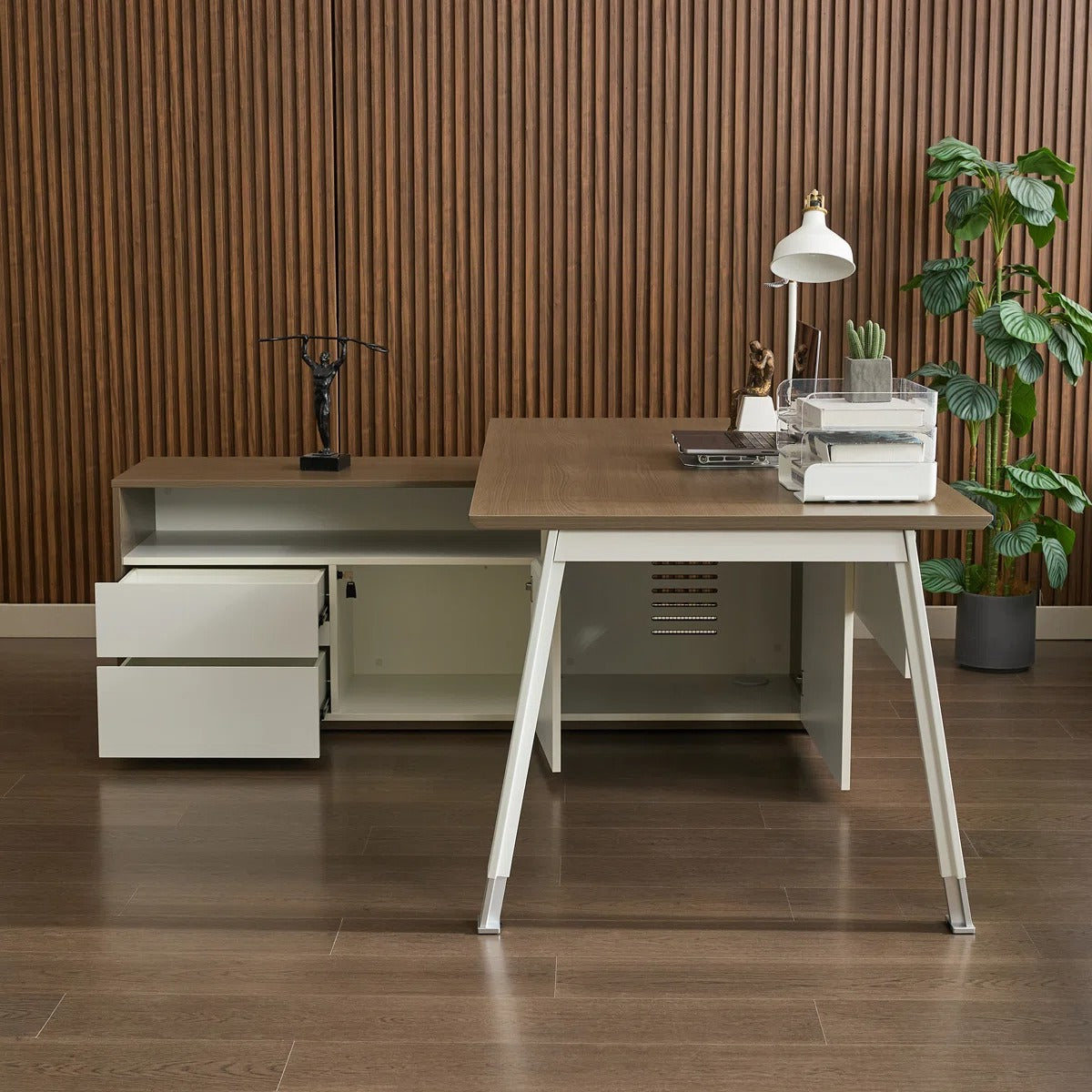 Okeysen L-Shaped Executive Desk with Ample Storage, Modern Large Office Desk with Filing Cabinet & Drawers