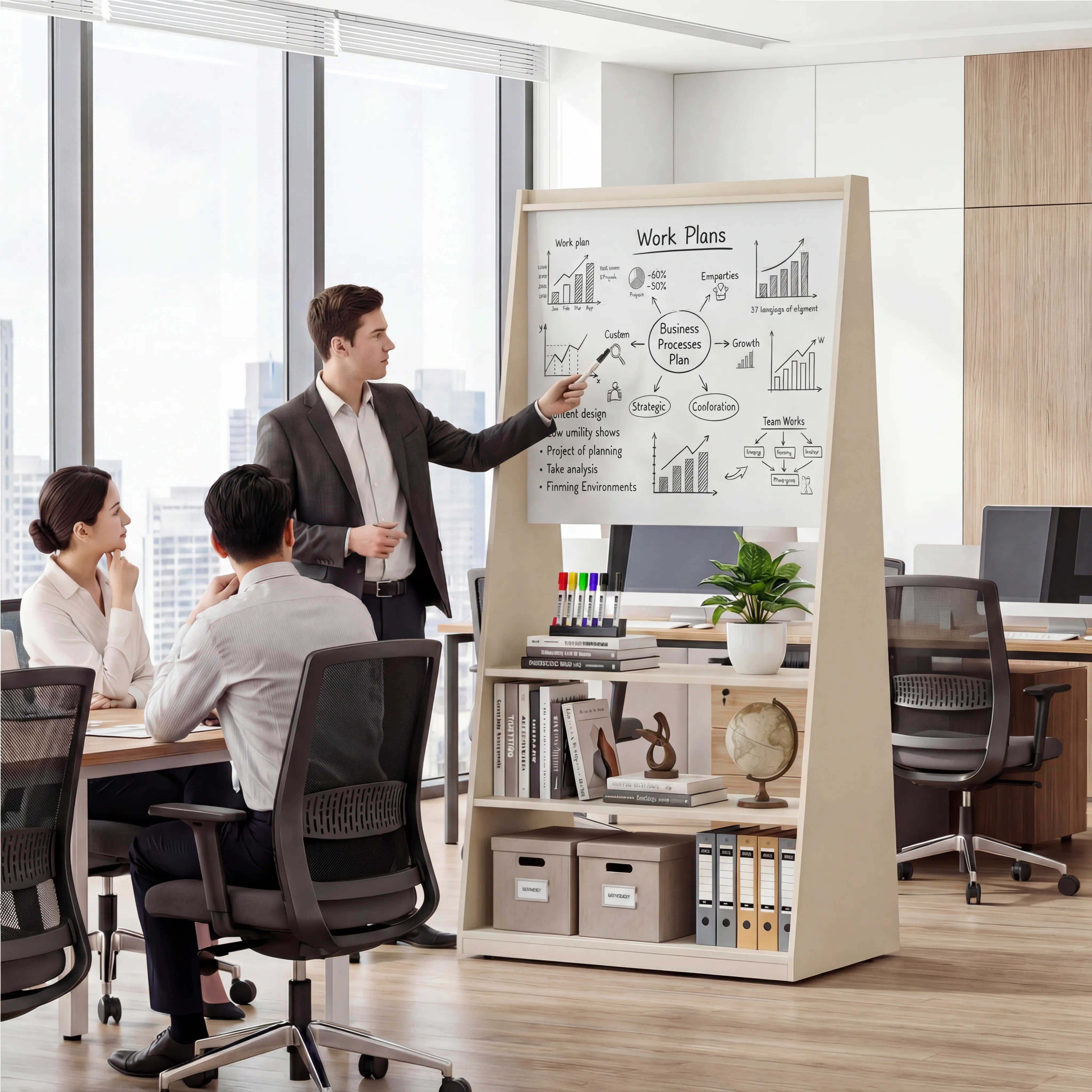 Okeysen 75.2" Triangular Mobile Double-Sided Whiteboard & Bulletin Board with 3 Shelves