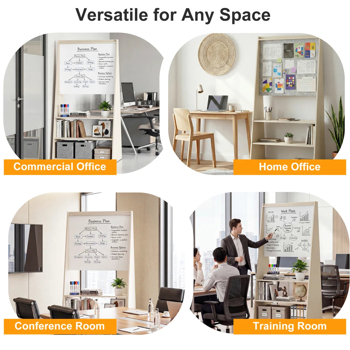 Okeysen 75.2" Triangular Mobile Double-Sided Whiteboard & Bulletin Board with 3 Shelves