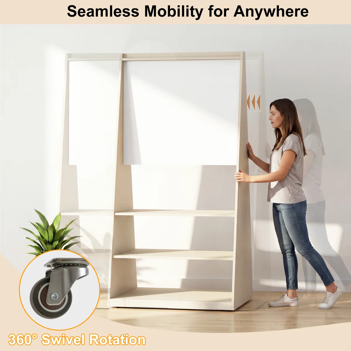 Okeysen 75.2" Triangular Mobile Double-Sided Whiteboard & Bulletin Board with 3 Shelves