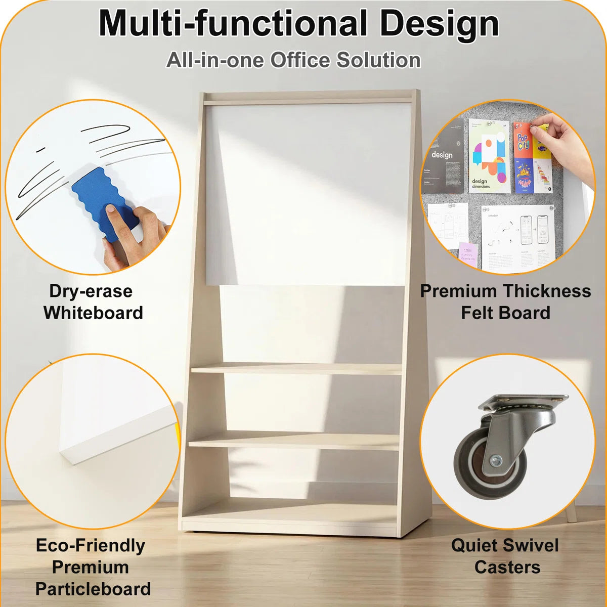 Okeysen 75.2" Triangular Mobile Double-Sided Whiteboard & Bulletin Board with 3 Shelves